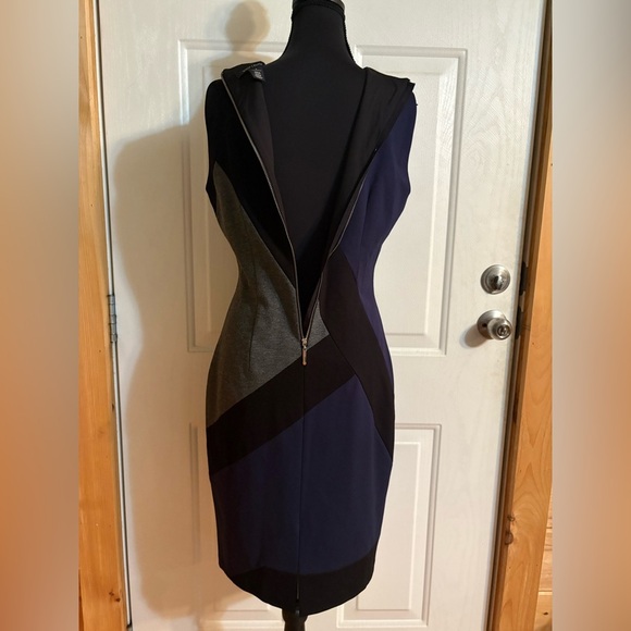 White House Black Market Asymmetrical Blue Gray Sheath Dress - Picture 6 of 12